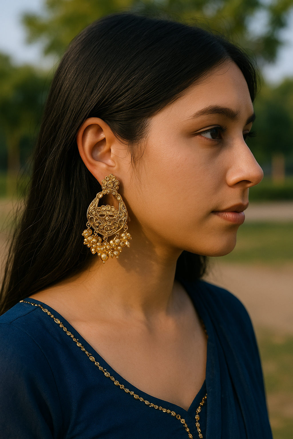 Woman wearing Dhoop Lehar Boondein Jhumke gold earrings with pearl accents and intricate design
