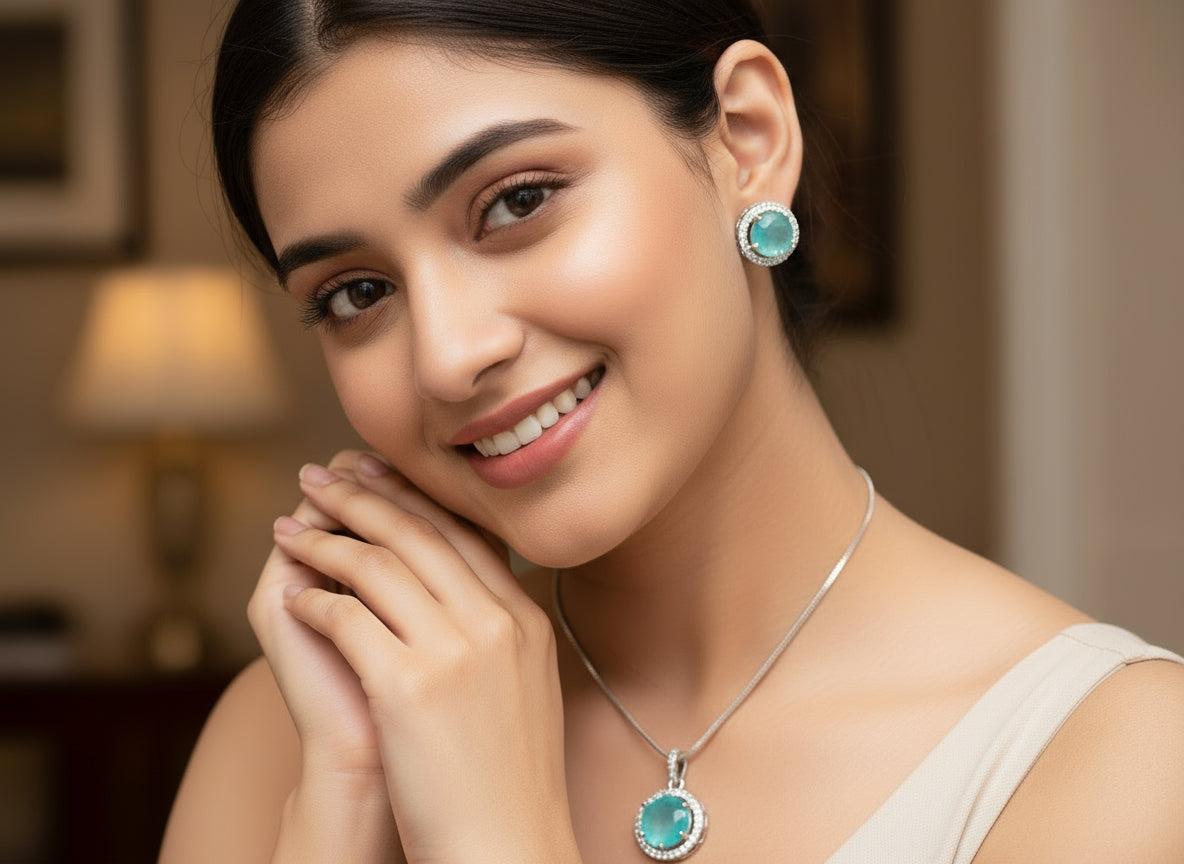 Teal Majestic Moonlit round pendant set with silver chain and matching earrings featuring AD stones on lace fabric background