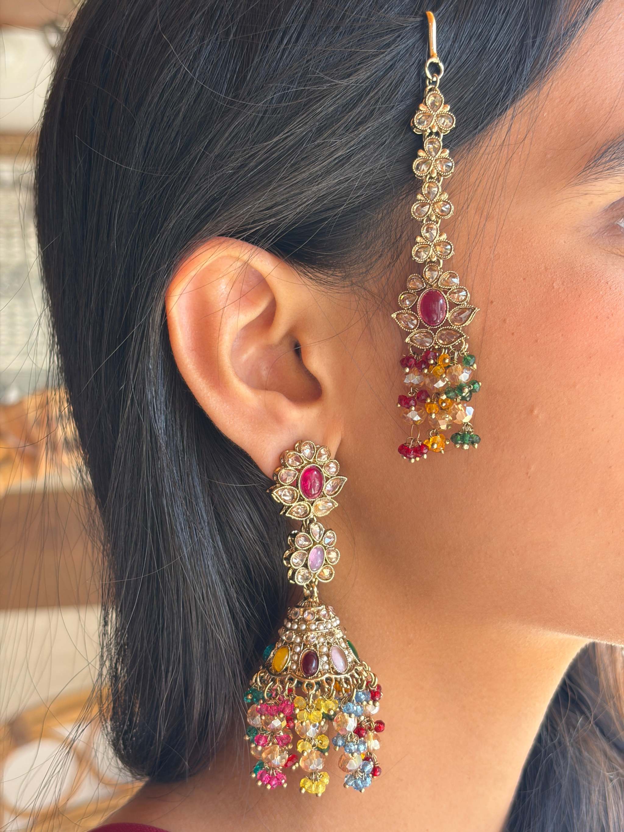 Colorful Satrangi Jhilmil Bahaar Jhumka earrings with multicolored stones and intricate design