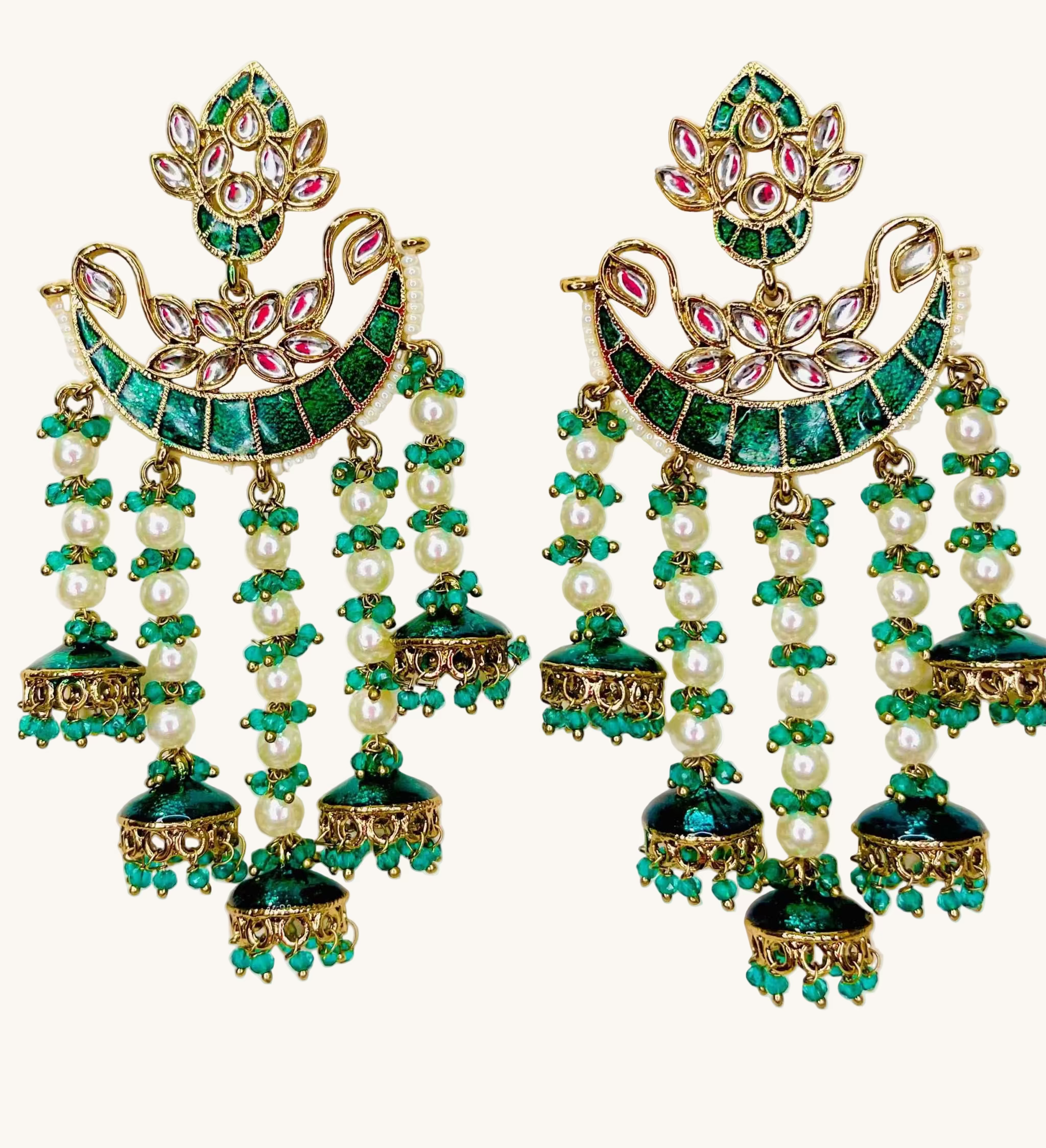 Moti Barish Sabz Jhumki earrings with green accents, pearl drops, and intricate traditional Indian design