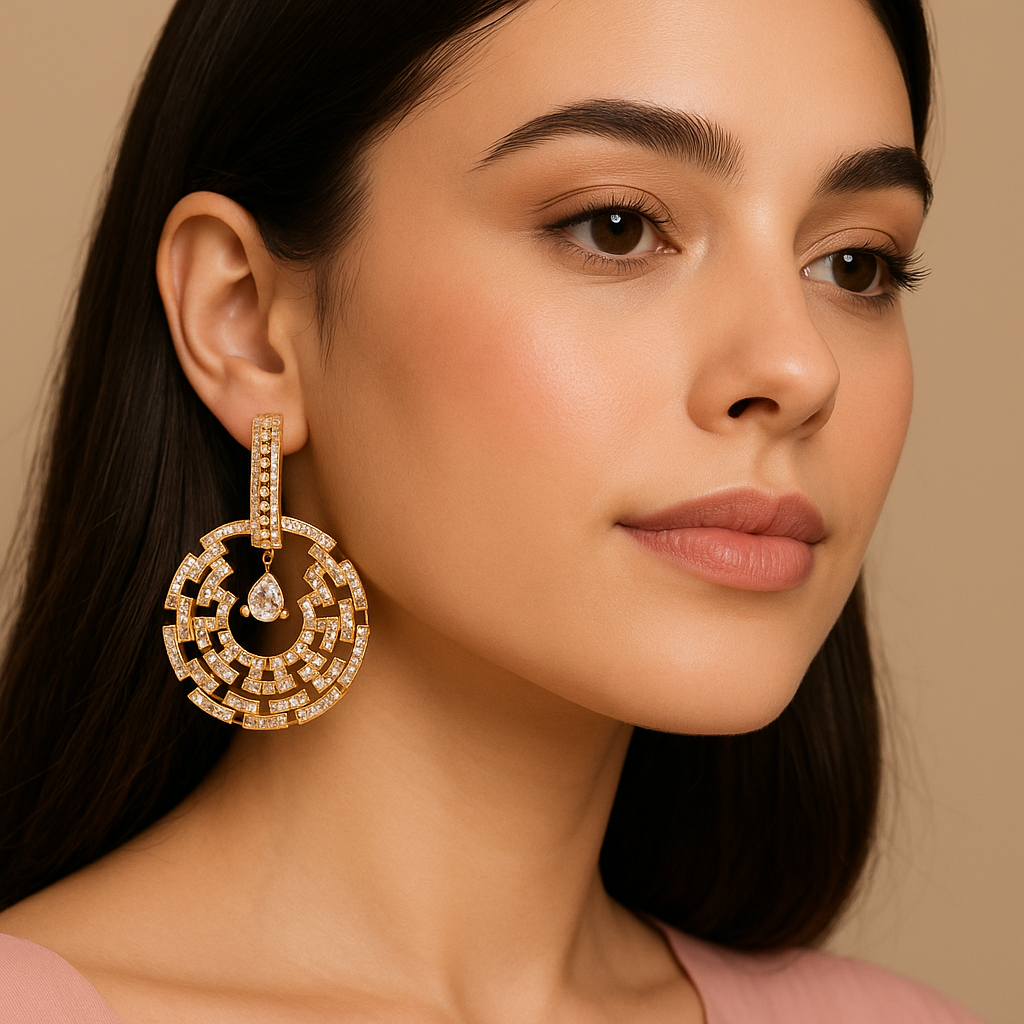 Woman wearing Celestial Maze Danglers rose gold earrings with intricate maze pattern and sparkling stones
