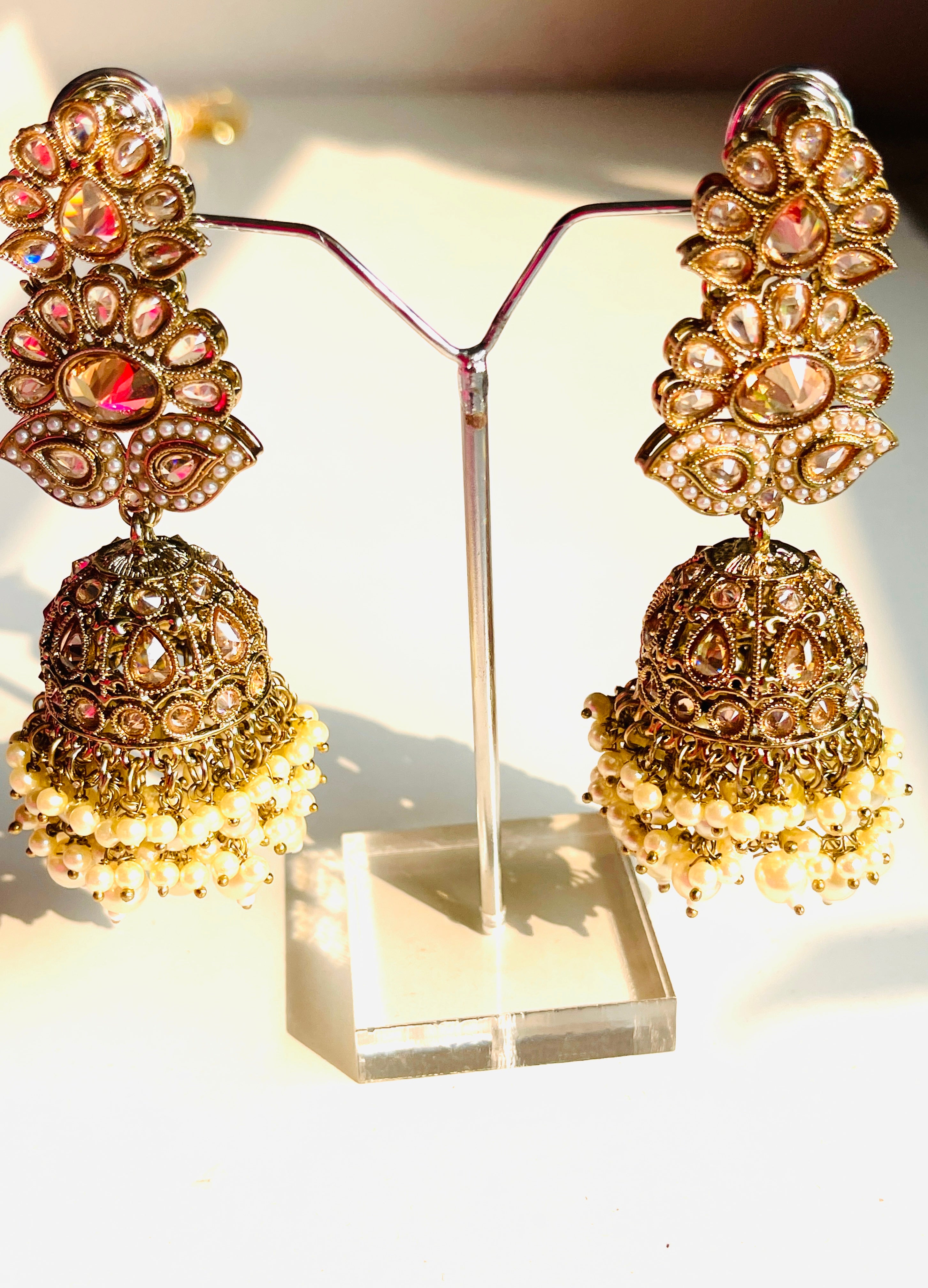 Moti Bahar Jhumke - front view, handcrafted jewelry by Maisha Jewels