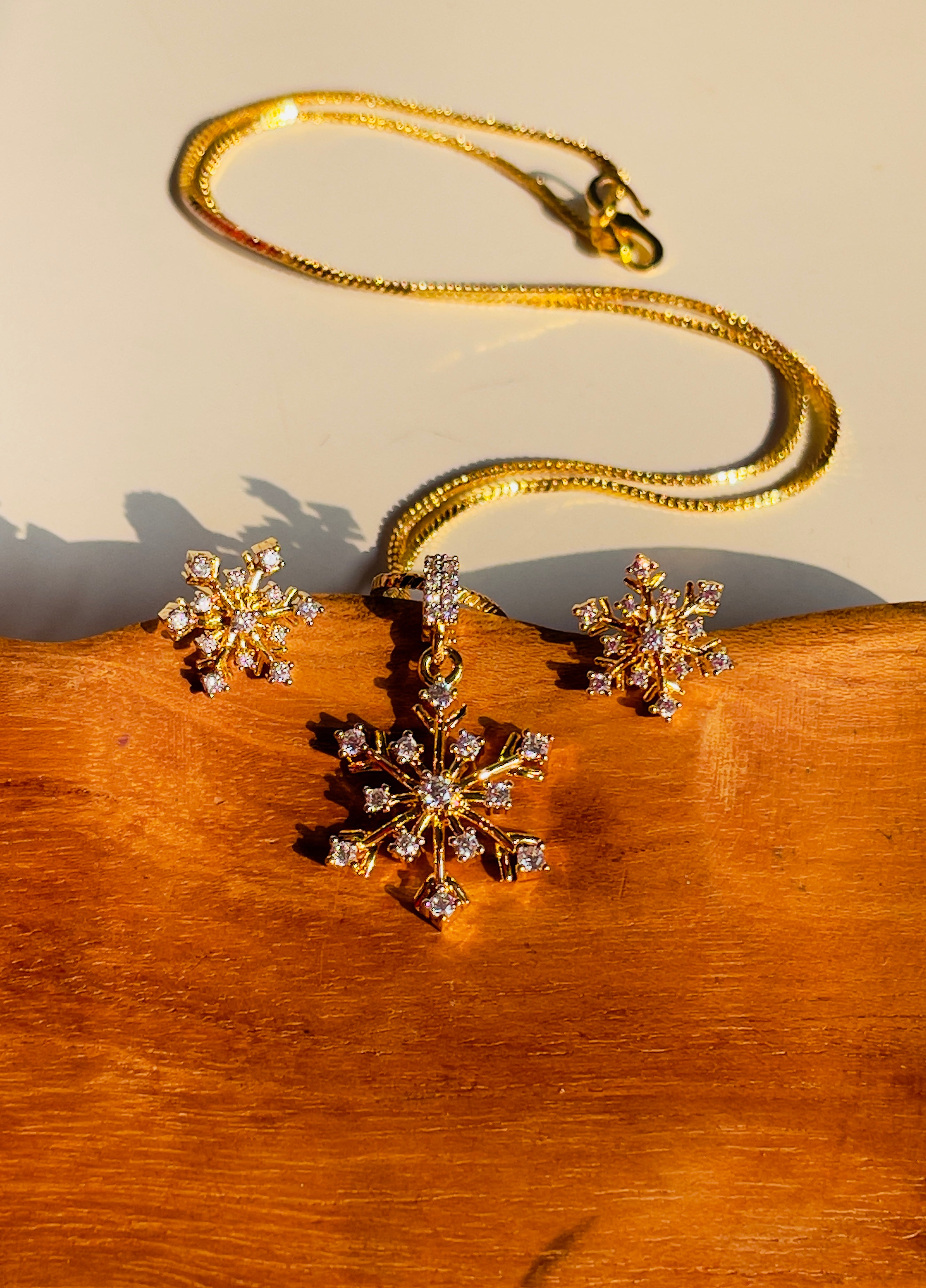 Golden Snowflakes Pendant Set - front view, handcrafted jewelry by Maisha Jewels