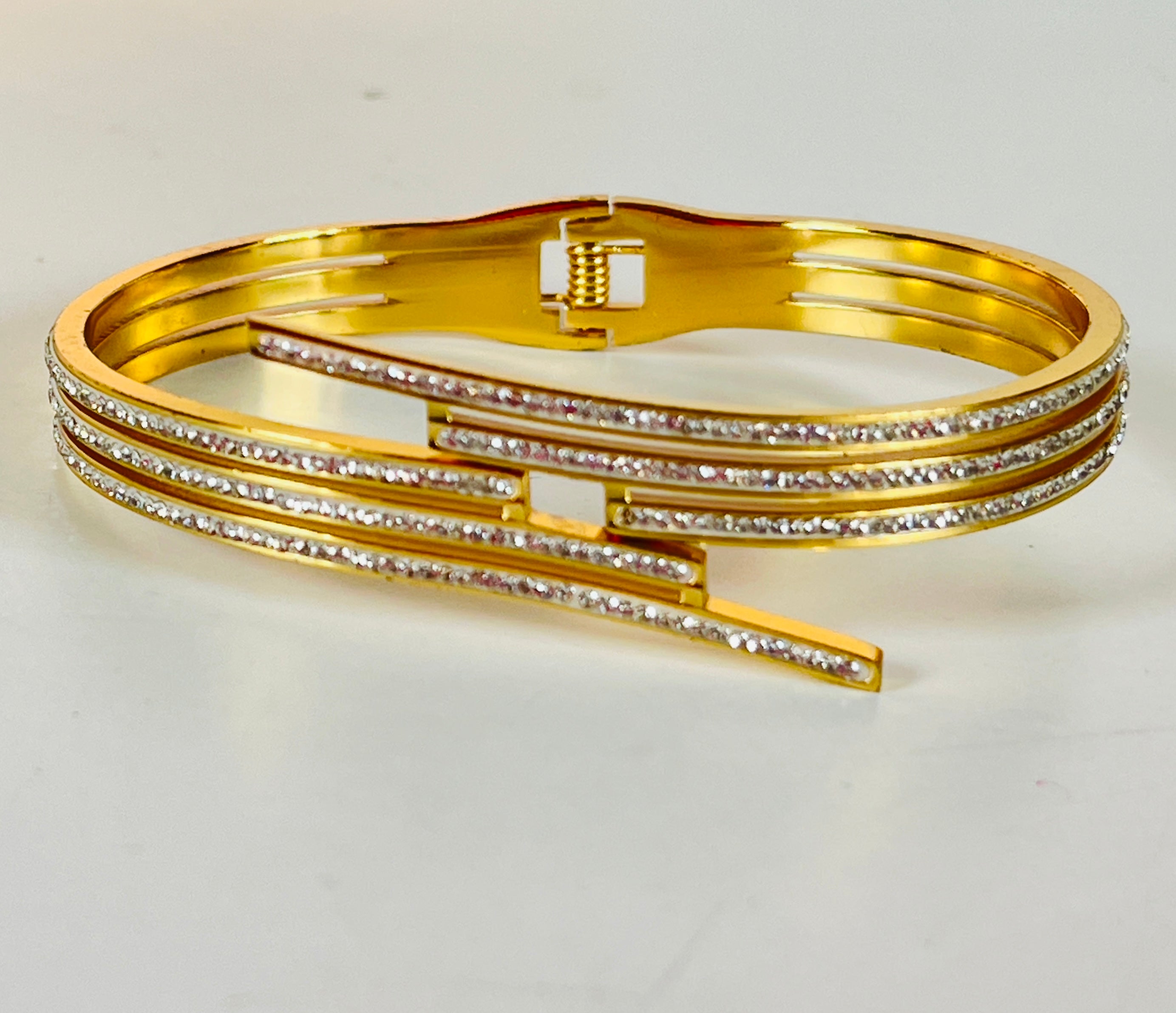 Sleek Triple Lines Gold Bracelet - front view, handcrafted jewelry by Maisha Jewels
