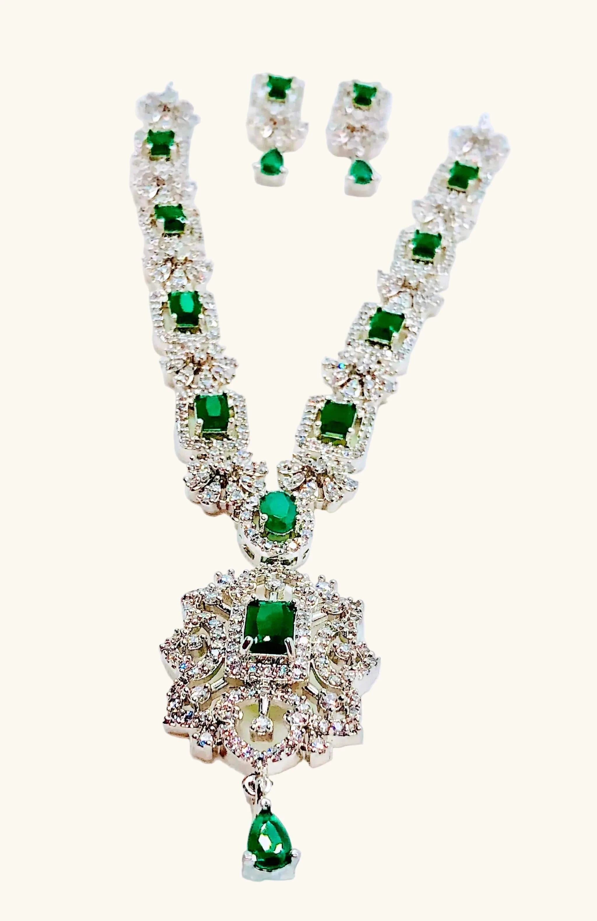 Lush Garden Green Pendant necklace and matching earrings with vibrant green stones and silver zircon accents