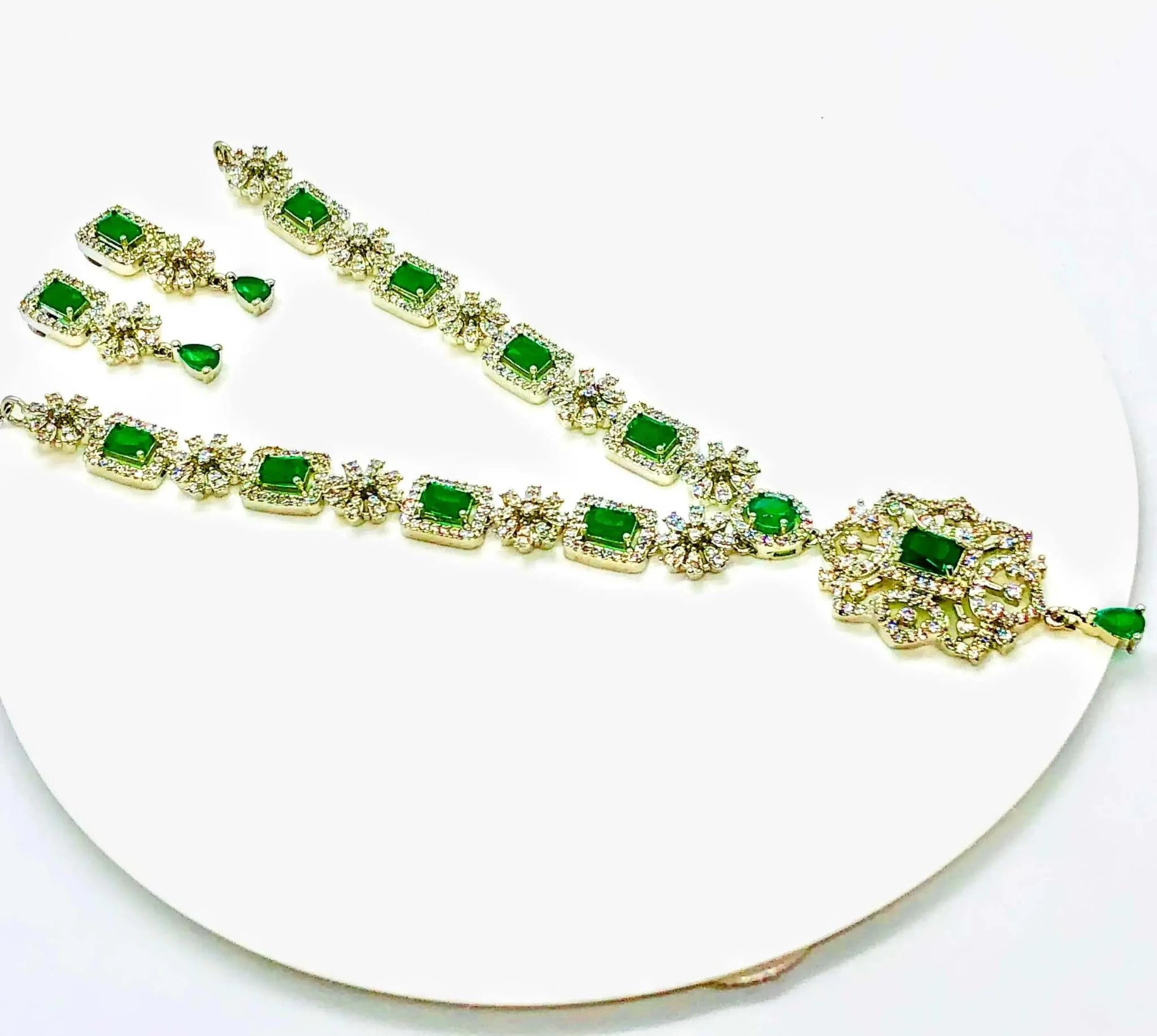 Lush Garden Green Pendant necklace and earrings set with vibrant green stones and silver zircon detailing