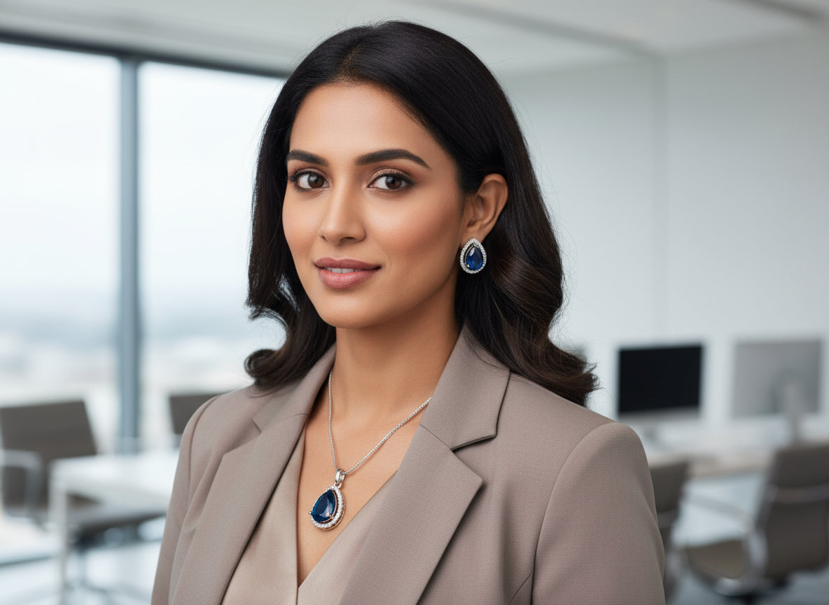 Indigo Grand Pendant Set featuring deep blue teardrop gemstones with silver detailing on lace background