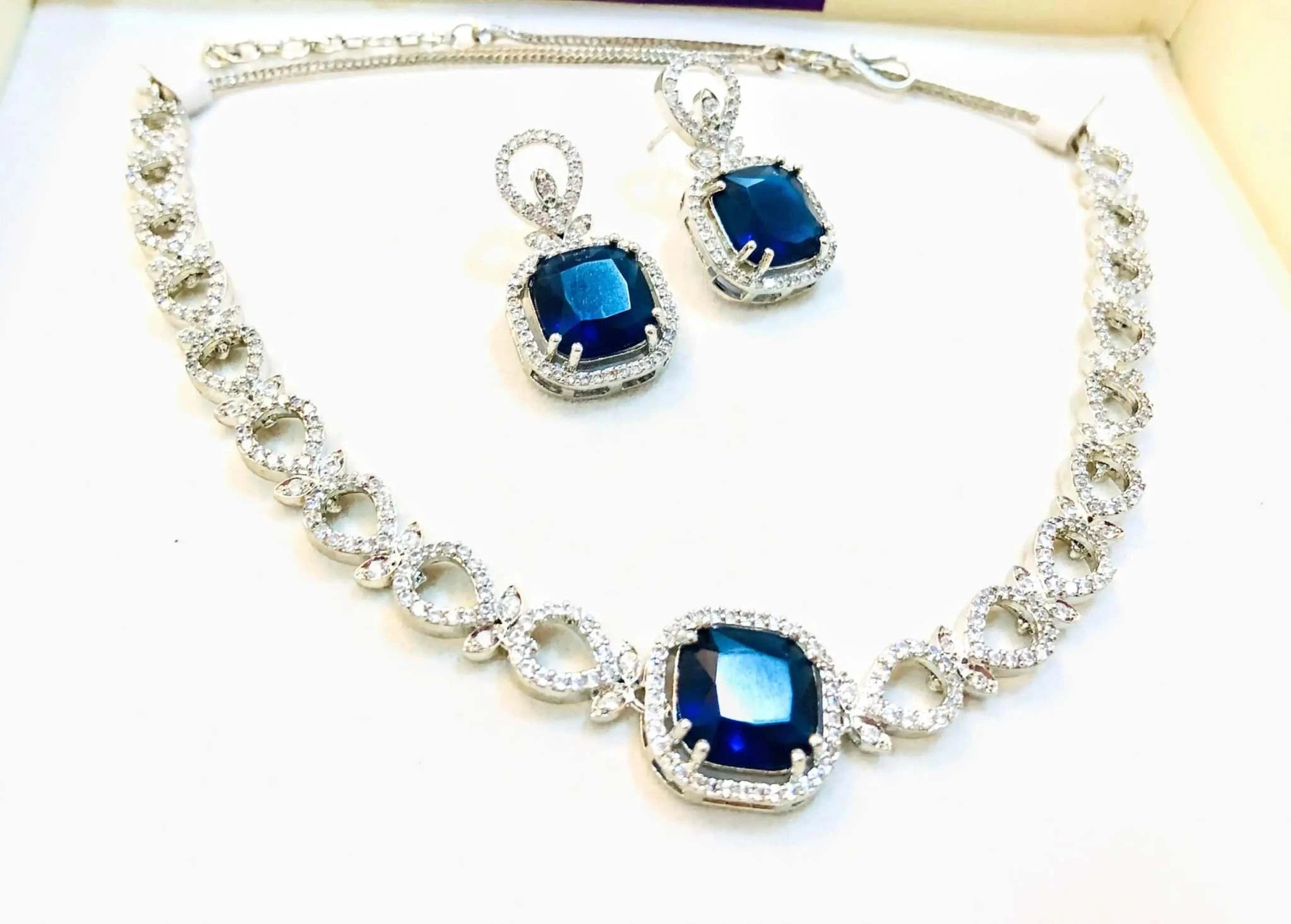 Honeycomb Jewelry Set with sapphire blue crystals necklace and matching earrings in silver tone setting