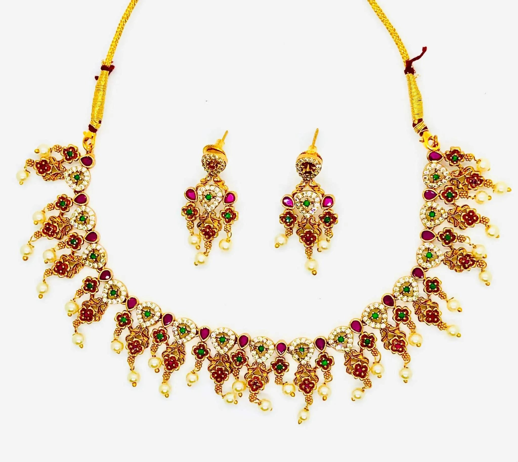 Traditional Jadau Meenakari necklace and earrings set with pearls and intricate colorful floral designs