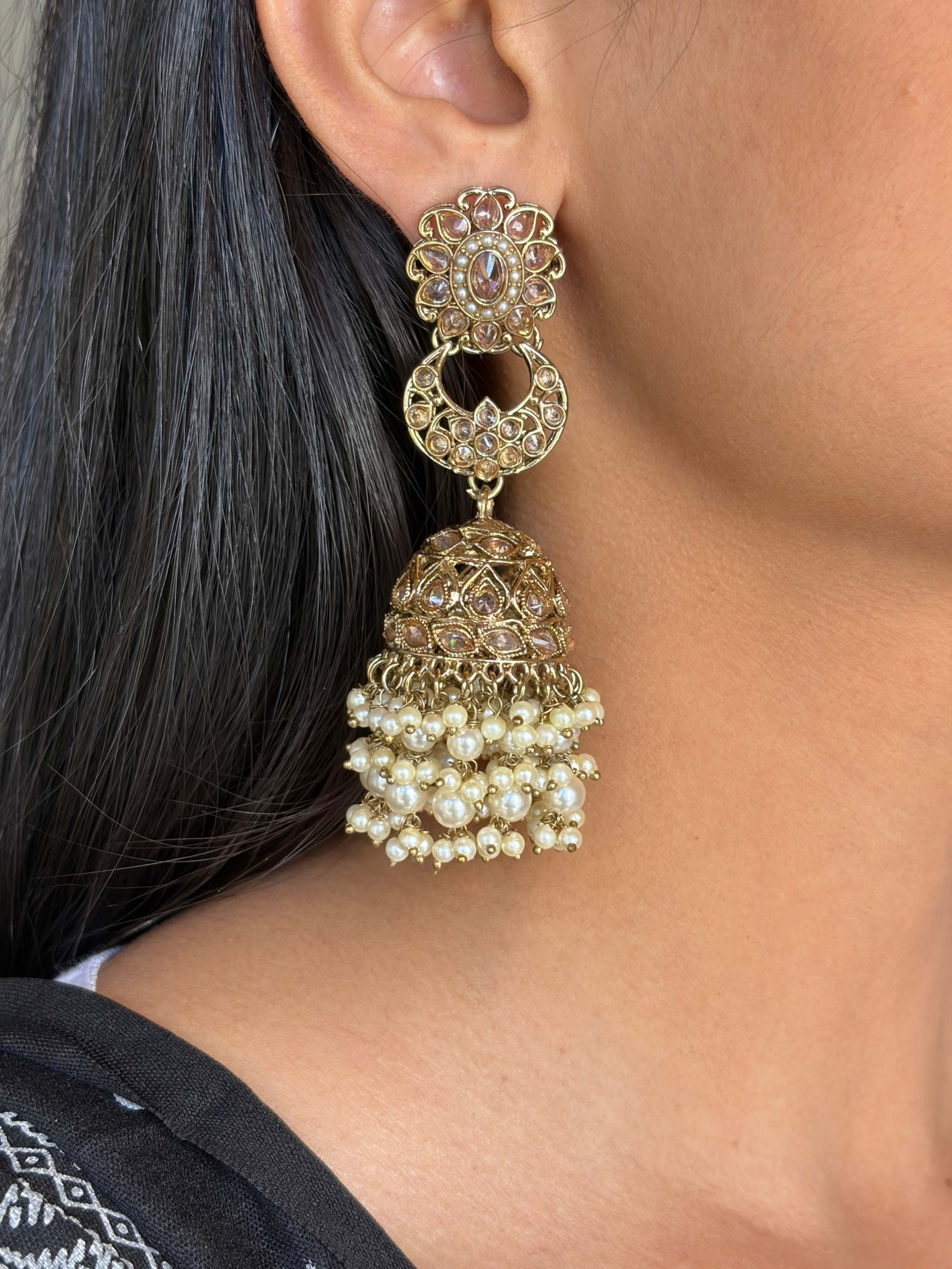 Moti Jhilmil Jhumke gold-toned pearl jhumka earrings with intricate detailing and festive shimmer