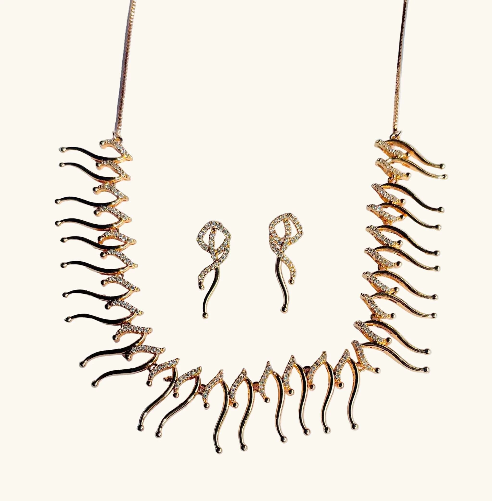 Adjustable rose gold necklace and earrings set with intricate, contemporary design, Eclectic Elegance Necklace Set.