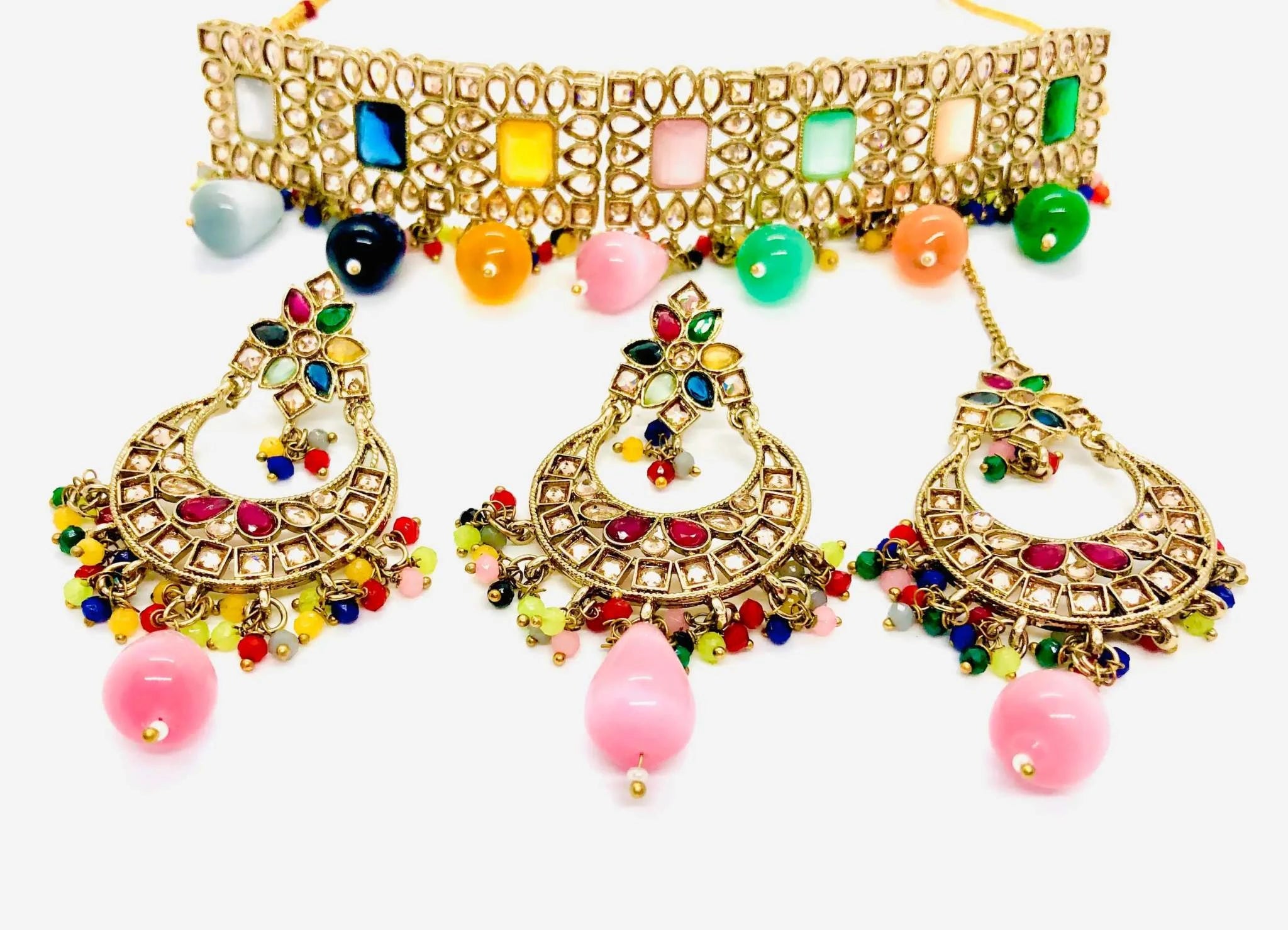 Multicolour Rajwadi Necklace Set with intricate designs, handmade pearls, and traditional maang tikka ornament