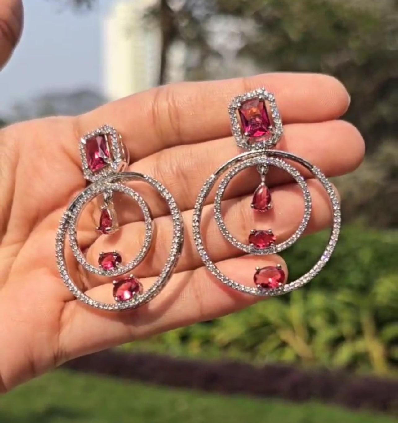 Silver and Red Concentric Circle Danglers - front view, handcrafted jewelry by Maisha Jewels