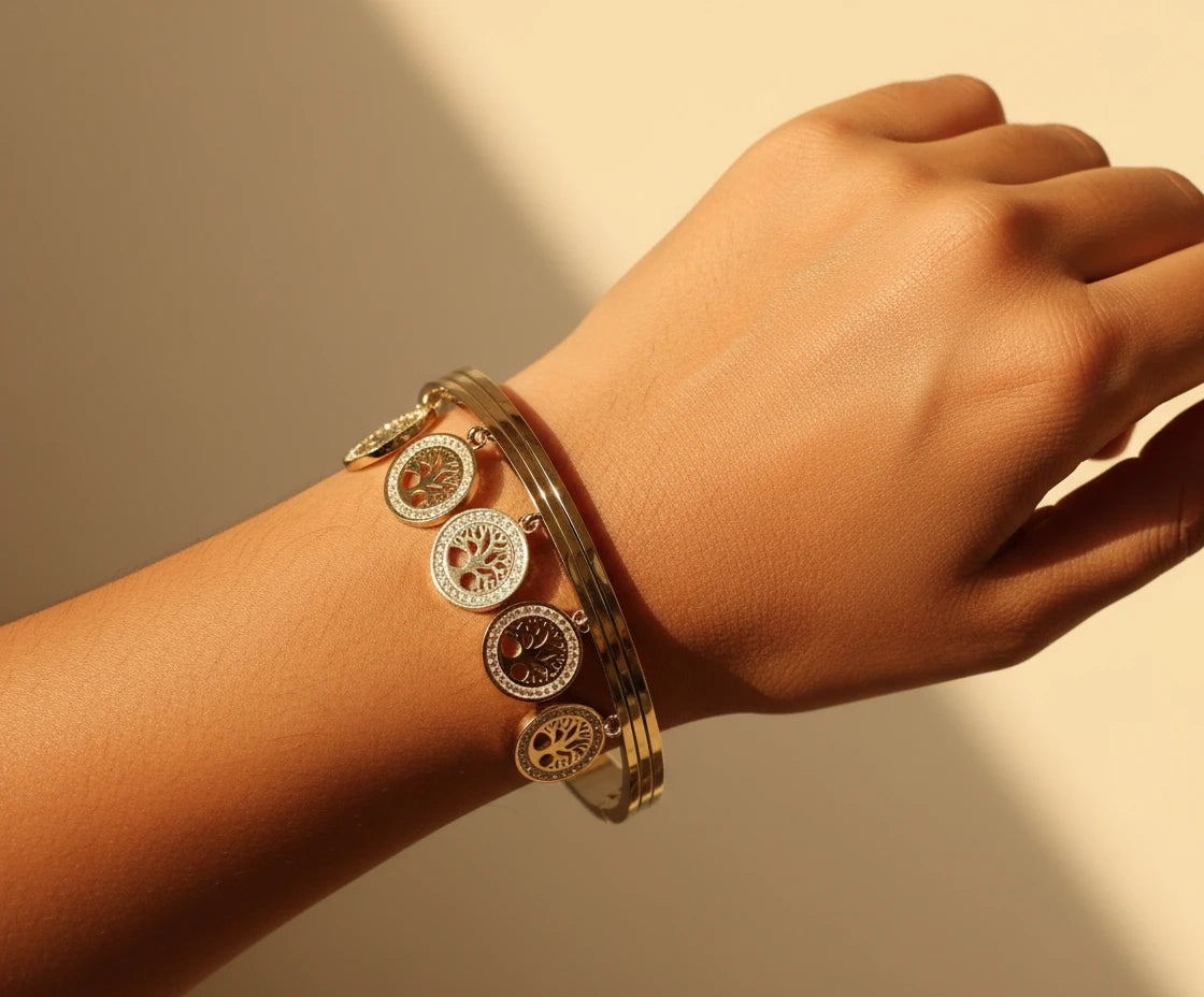 Silver Korean-style bracelet with anti-tarnish finish and tree of life charms