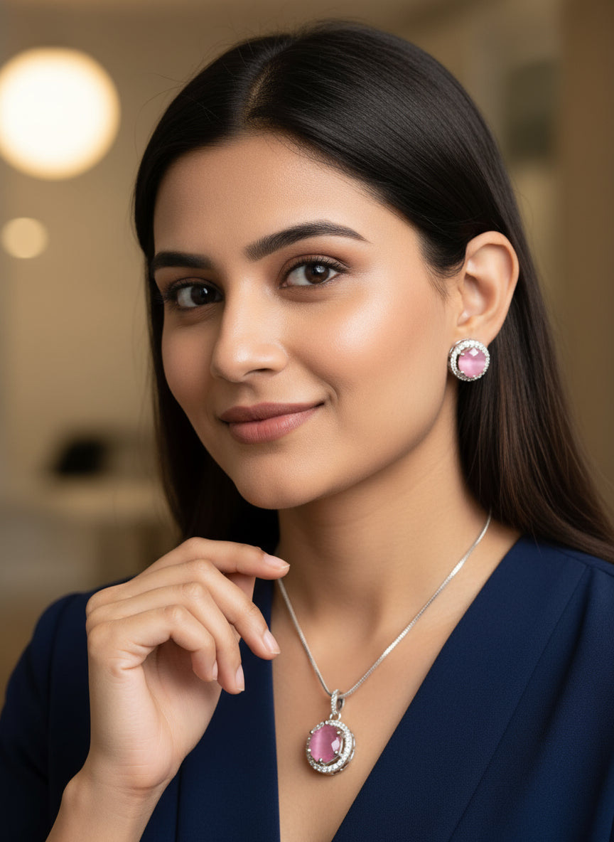 Pink Majestic Moonlit Circular pendant set with radiant pink gemstones and intricate silver detailing on a delicate silver chain