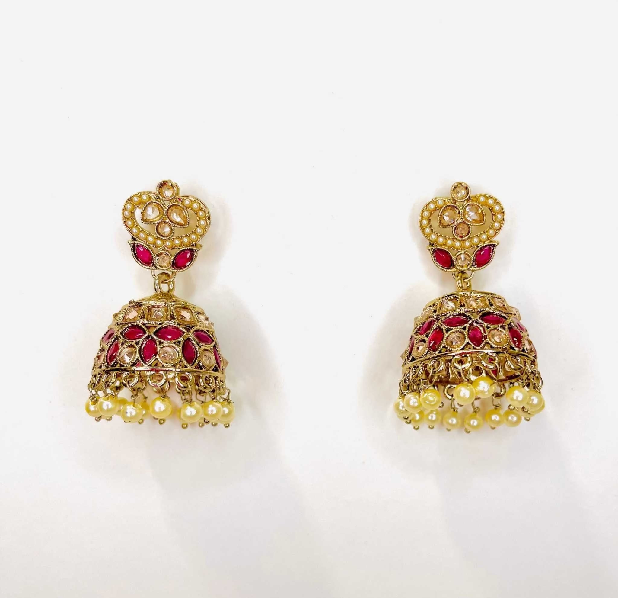 Rani Pink Taj Jhumkas gold-tone dome-shaped earrings with pink stones and pearl accents
