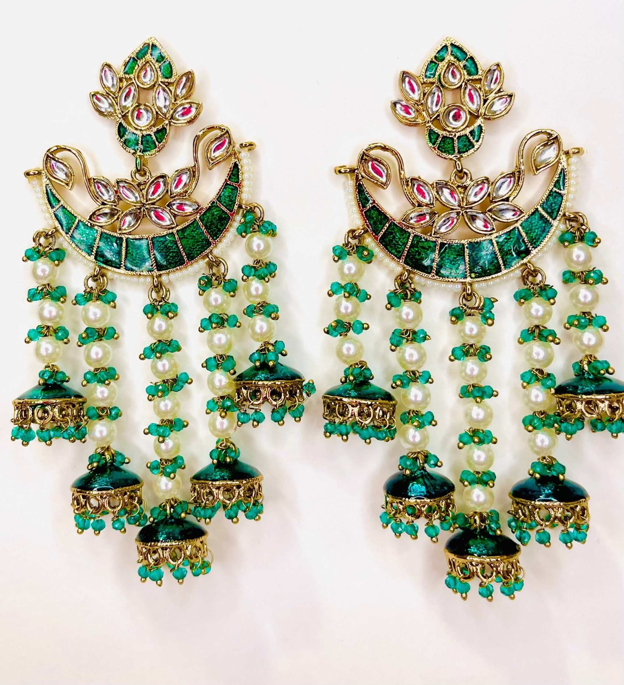 Moti Barish Sabz Jhumki earrings with green accents, pearl drops, and intricate traditional Indian design