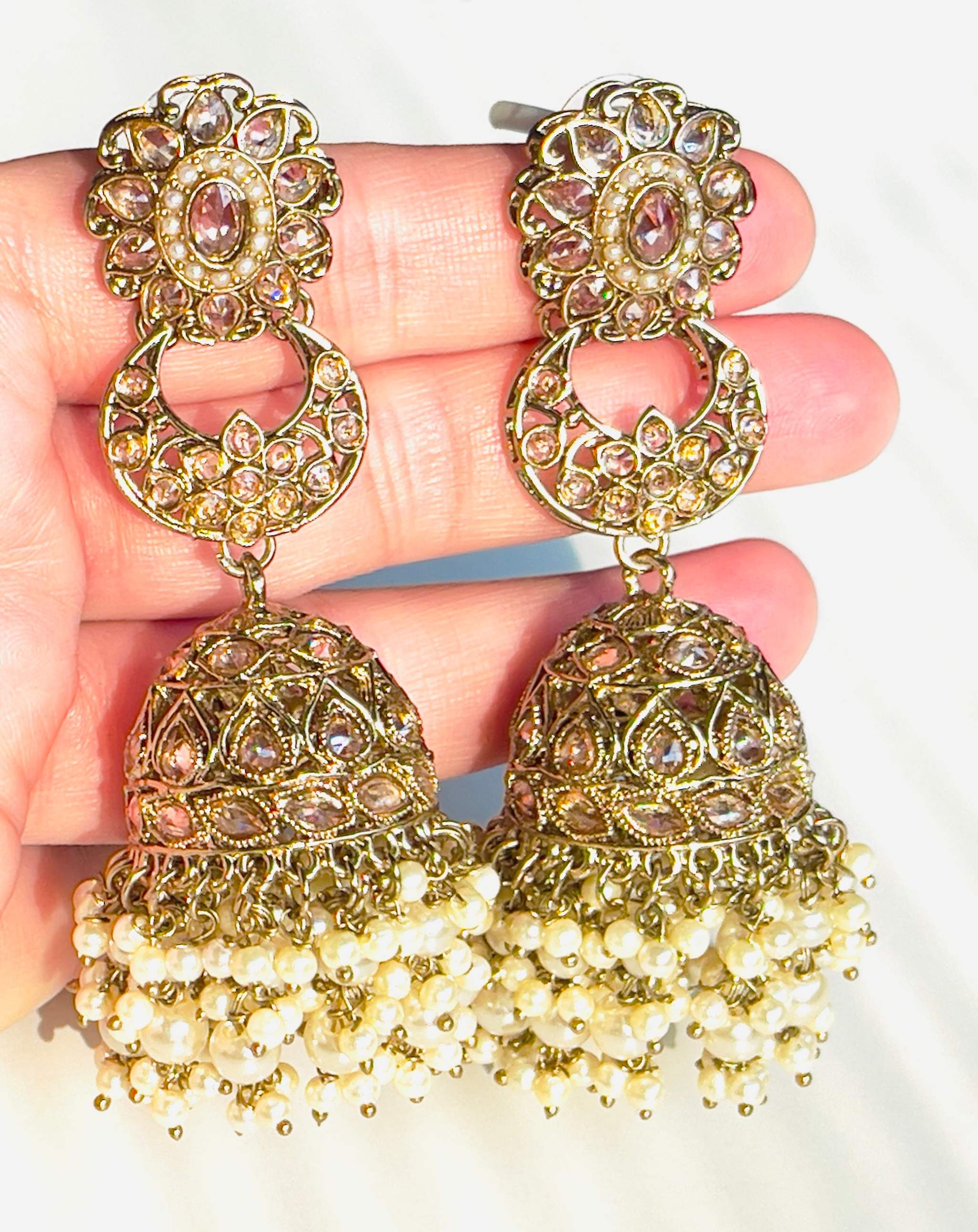 Moti Jhilmil Jhumke traditional gold-toned jhumka earrings with pearl clusters and intricate detailing
