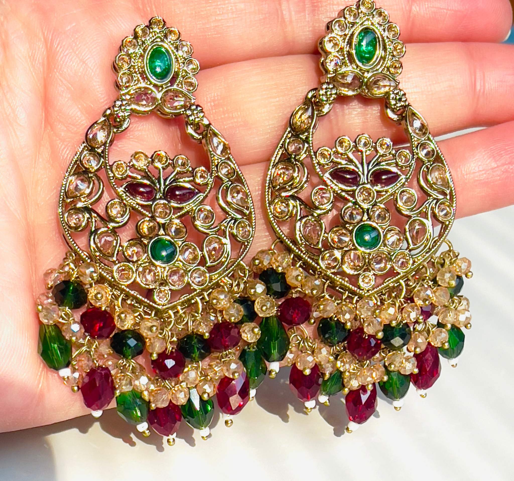 Rangeen Jhalak Chandbali gold-tone earrings with green and red beads and intricate mirror accents