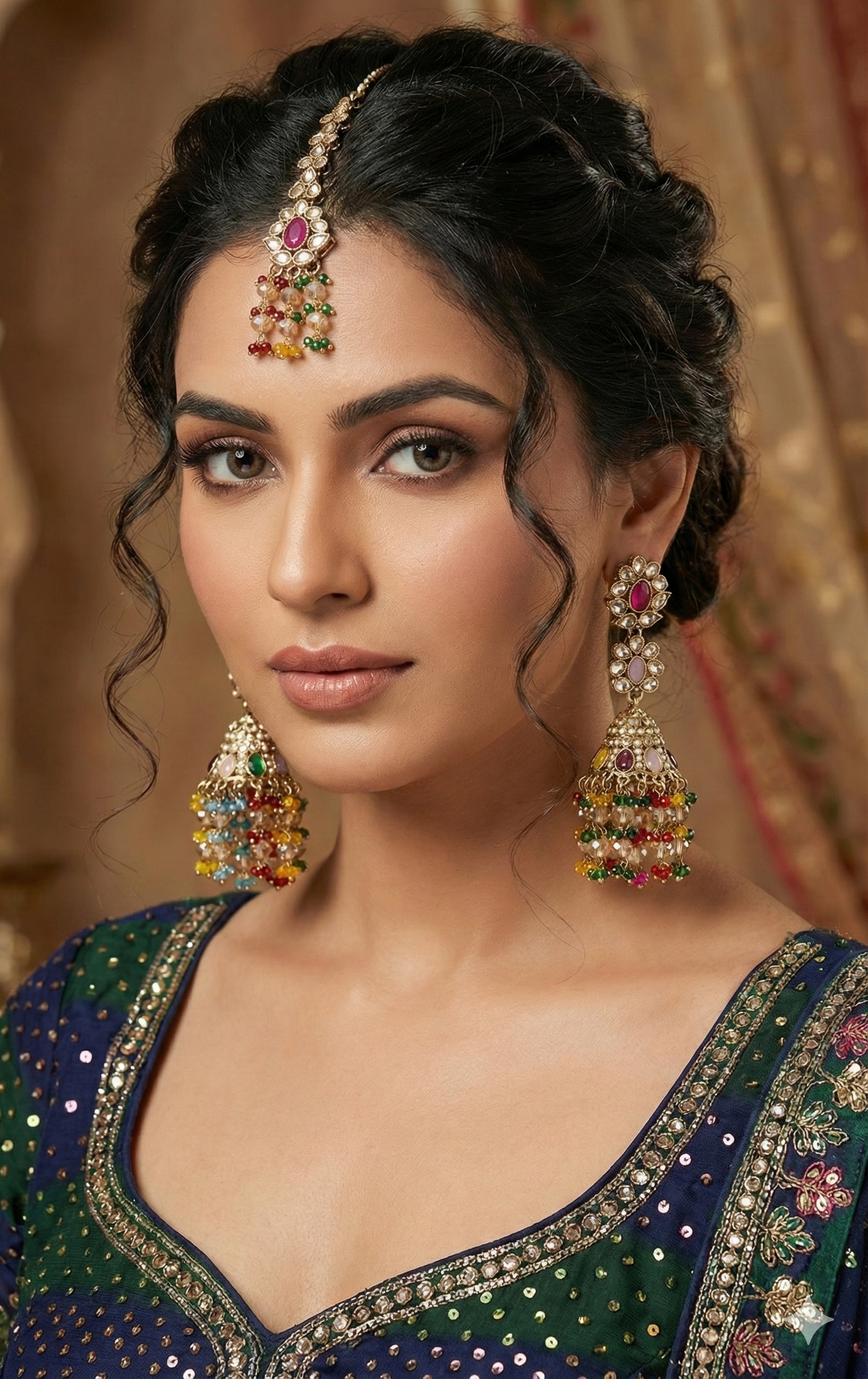 Woman wearing vibrant Satrangi Jhilmil Bahaar Jhumka and Maangtika set with multicolored stones and traditional design
