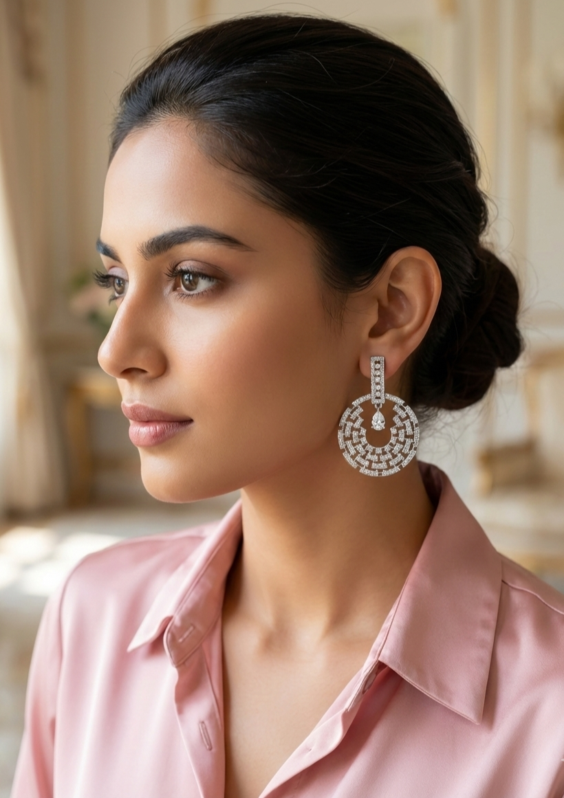 Elegant silver Celestial Maze Danglers earrings worn by woman, featuring intricate cosmic geometric patterns.