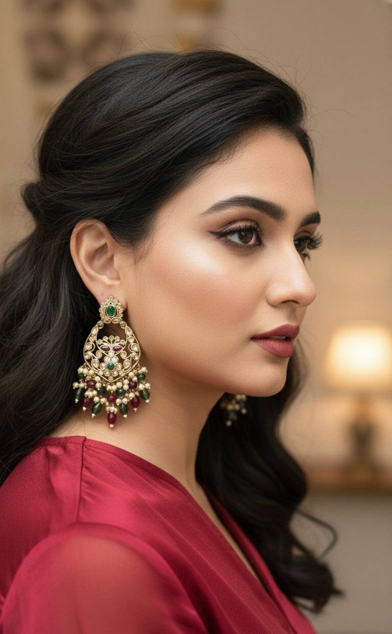 Elegant woman wearing colorful Rangeen Jhalak Chandbali earrings with mirror accents and intricate crescent design