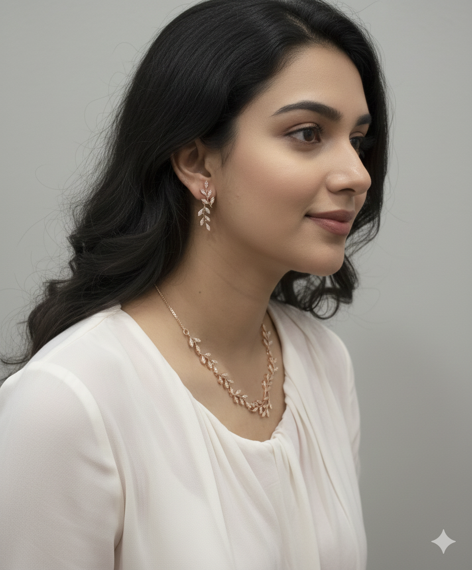 Woman wearing Leafy Embrace Necklace set in rosegold with delicate leaf motifs and matching earrings