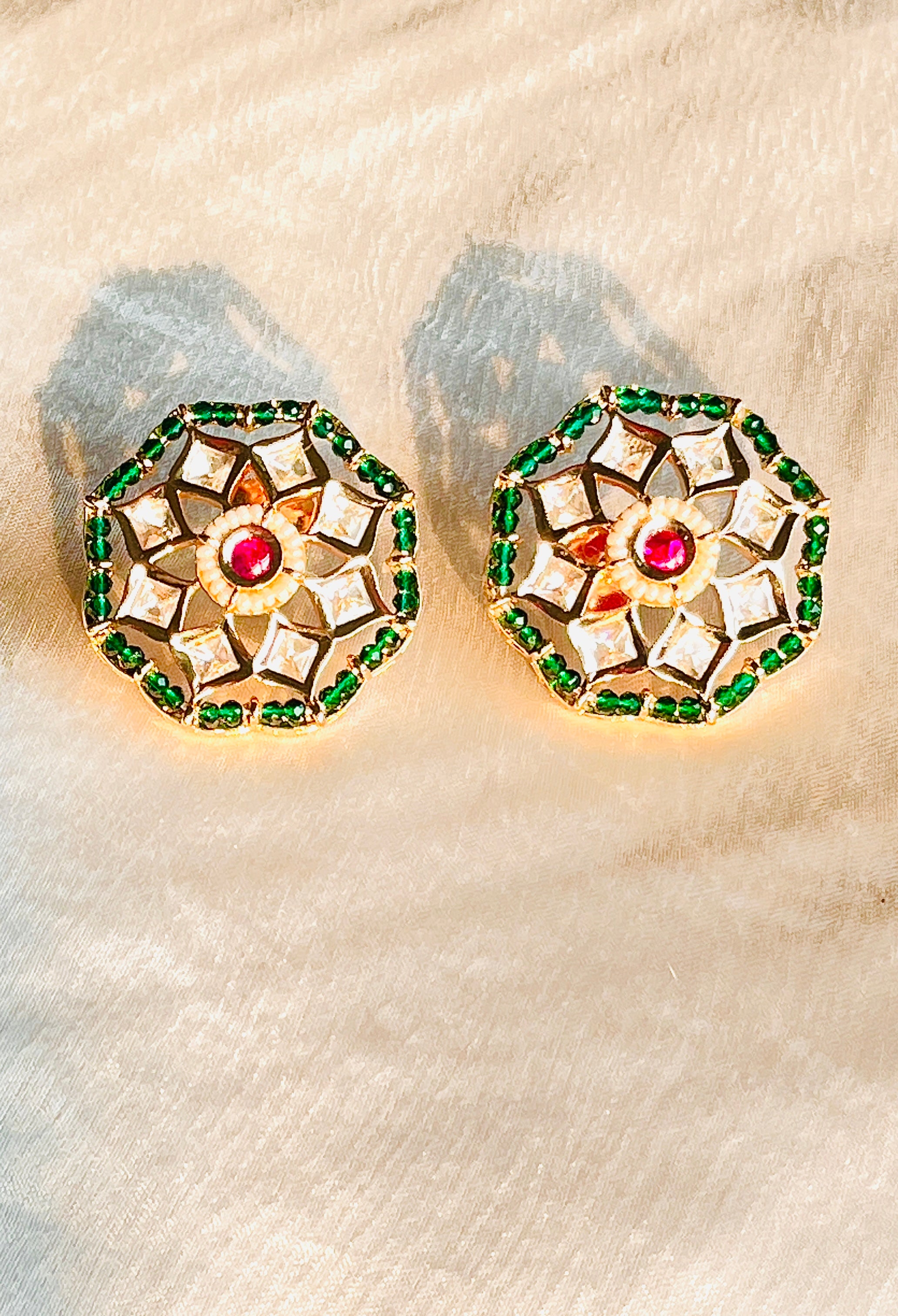 Emerald Kundan Studs - detail view showing craftsmanship