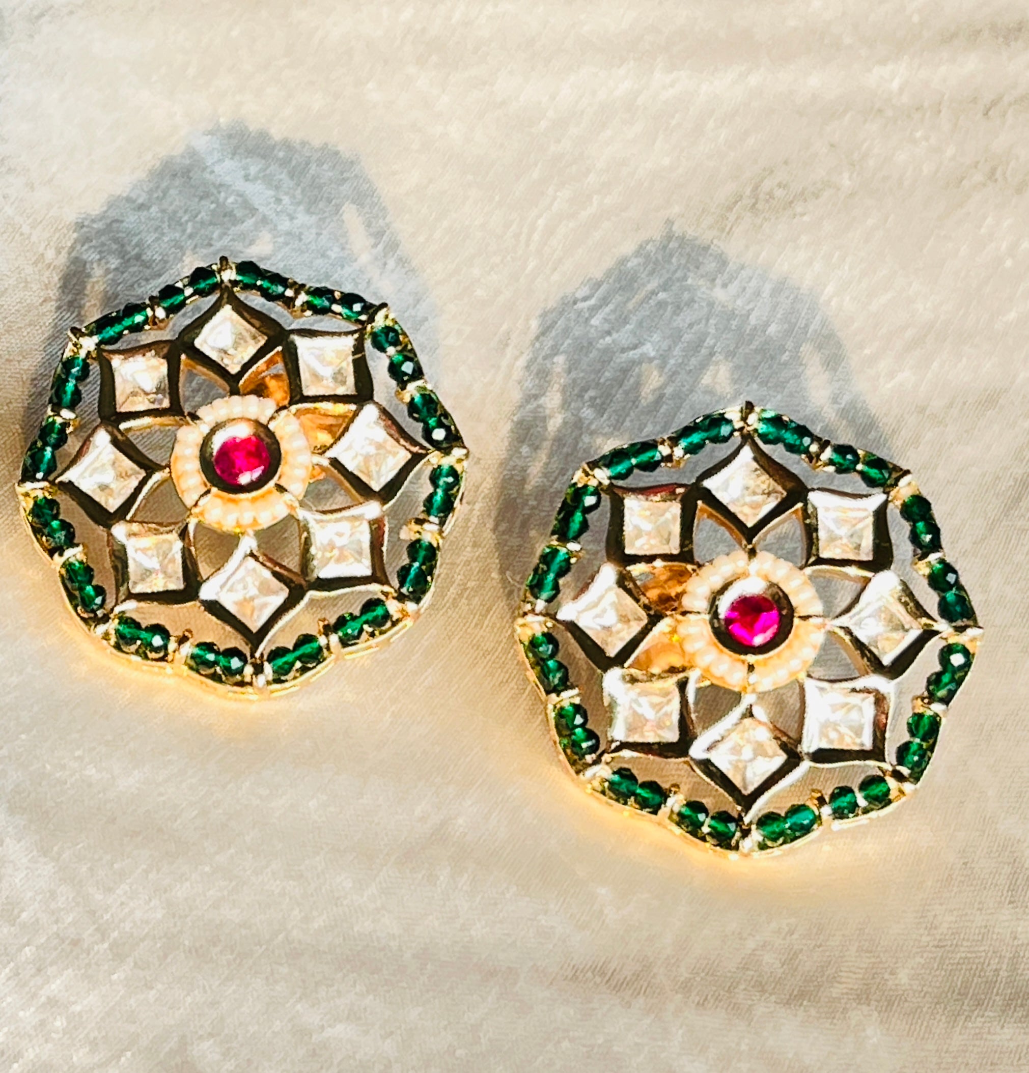 Emerald Kundan Studs - front view, handcrafted jewelry by Maisha Jewels