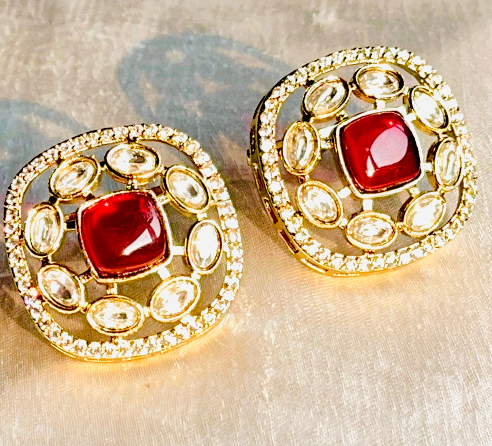 Ruby Polki Studs - front view, handcrafted jewelry by Maisha Jewels