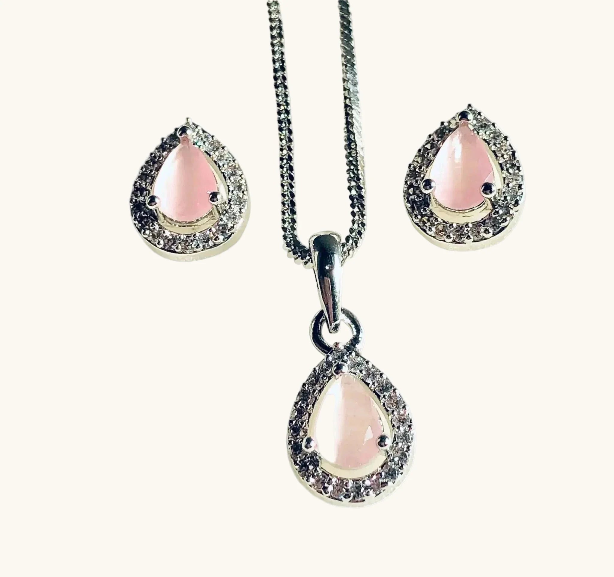 Pink and silver teardrop pendant set with AD stones necklace and earrings