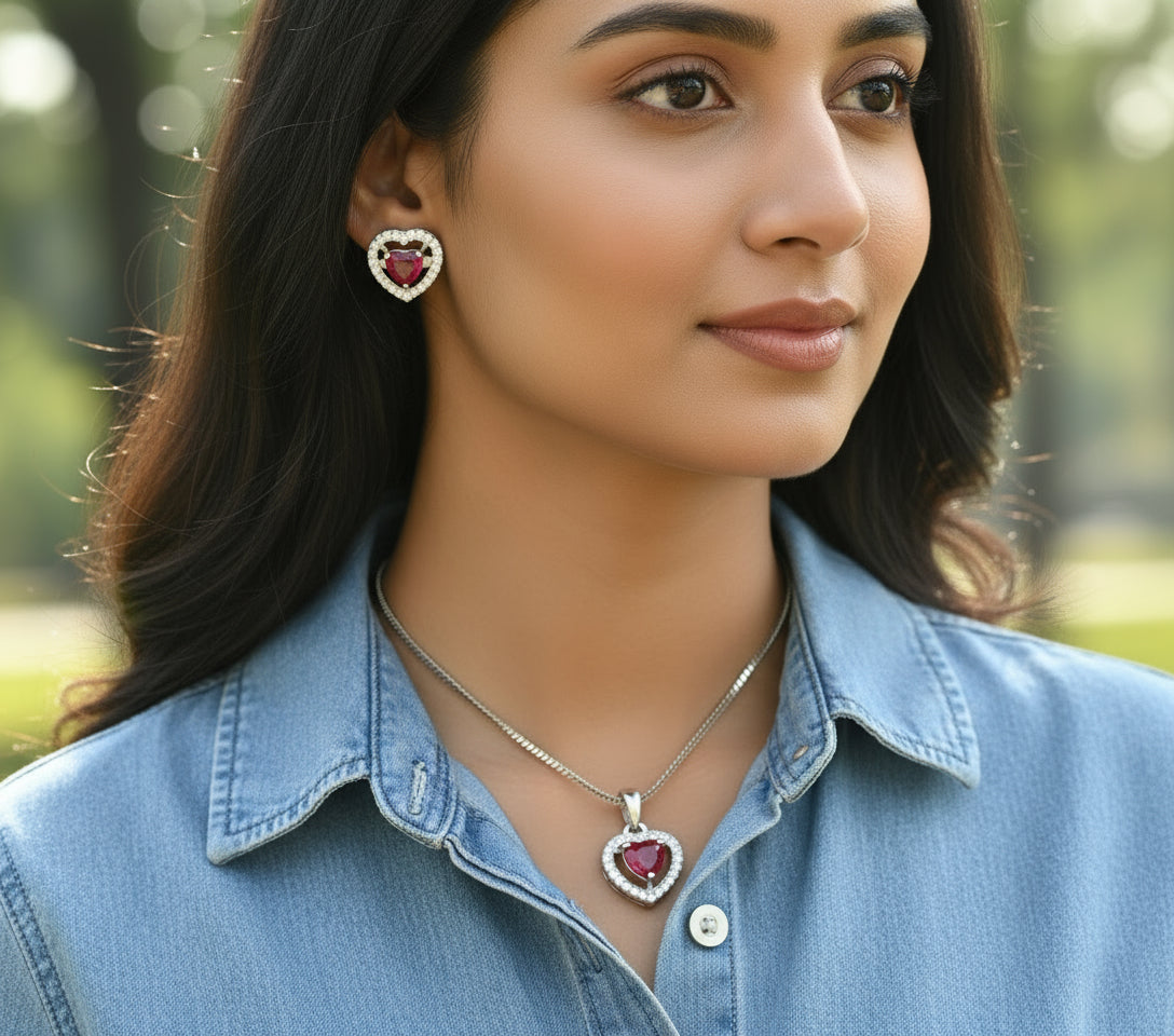 Silver and red heart pendant set with AD stones featuring a silver chain necklace and matching earrings with red heart-shaped stones surrounded by clear crystals