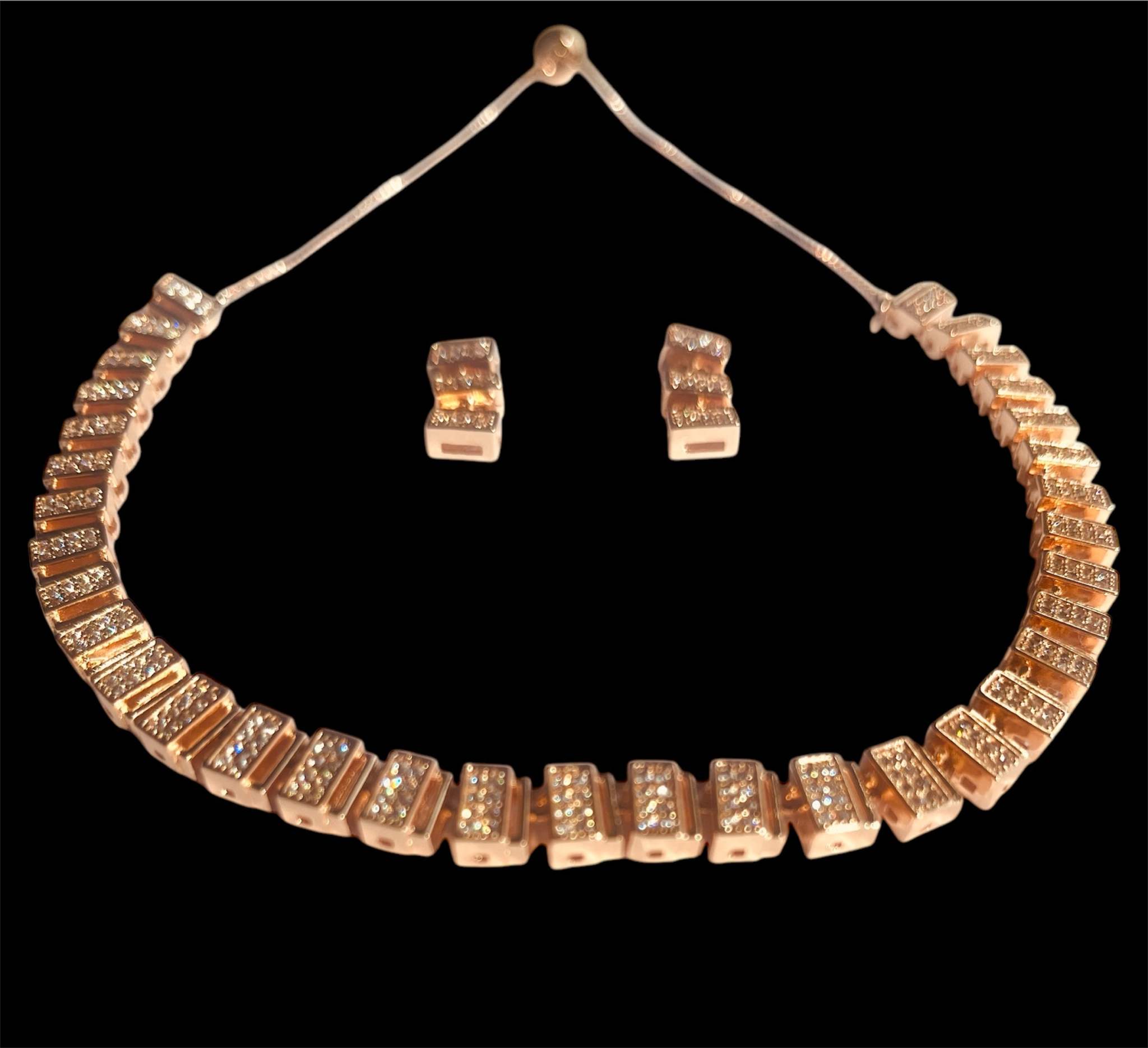 Classic rose gold necklace and earring set with zircon stones, elegant and timeless design