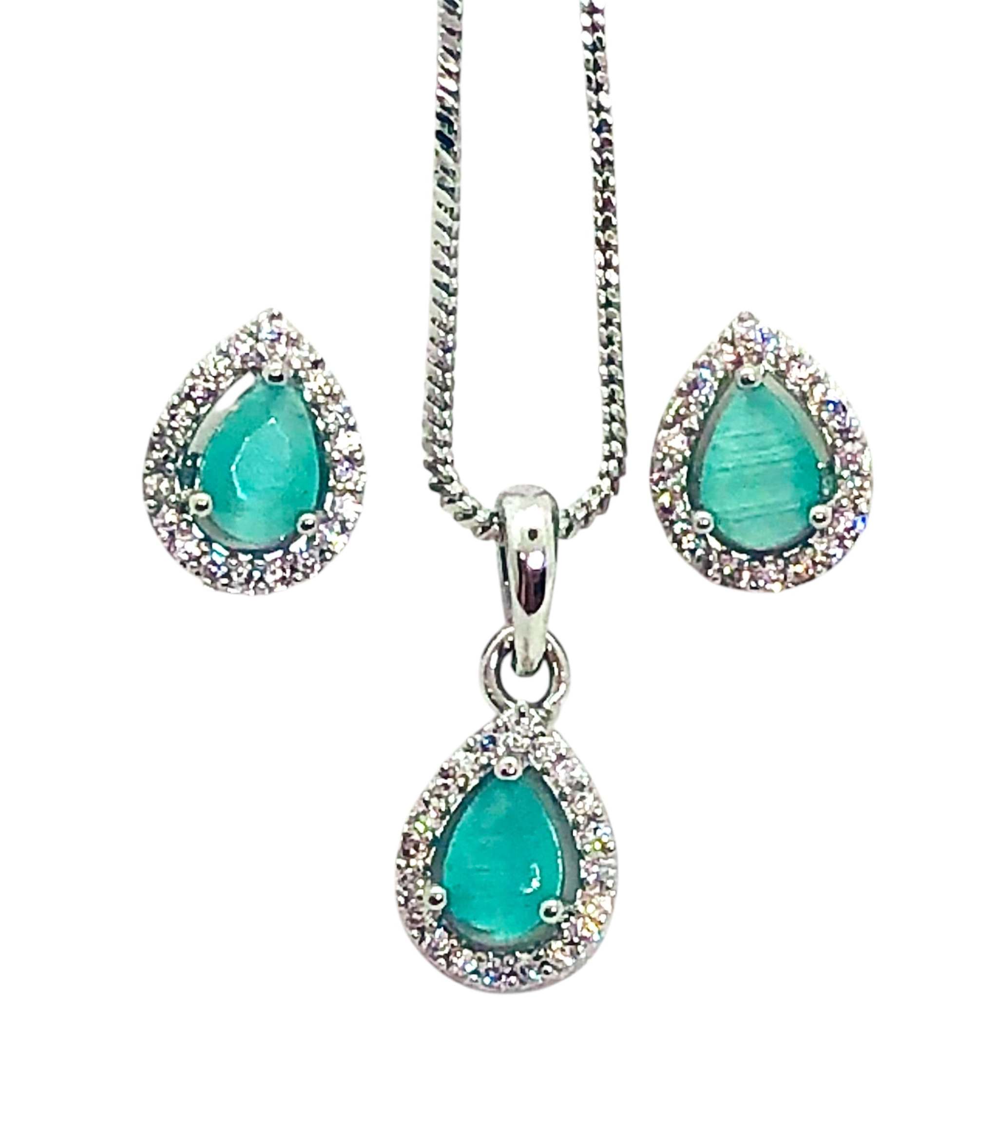 Teal and silver teardrop pendant necklace and matching earrings set with delicate design