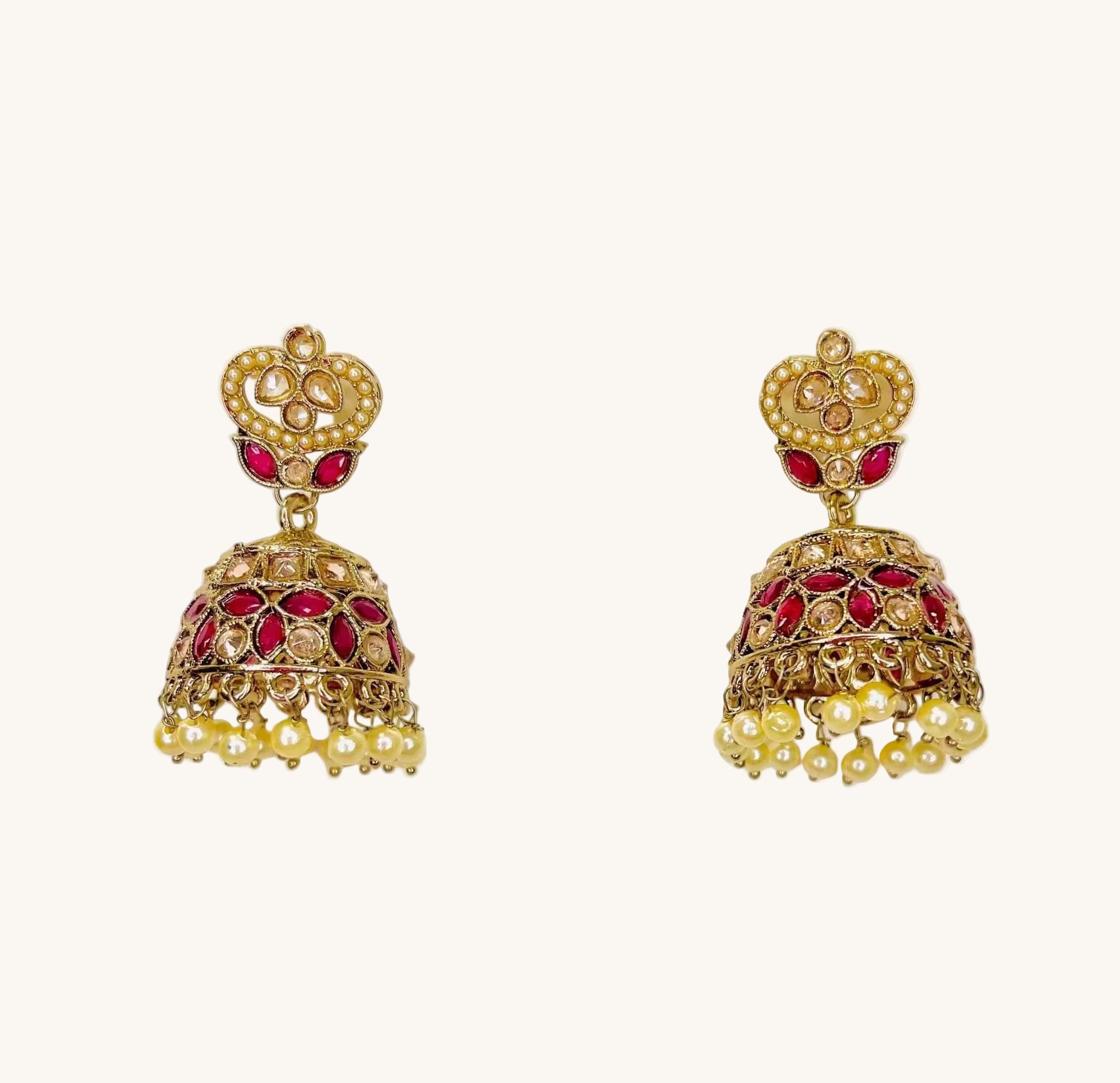 Rani Pink Taj Jhumkas gold-tone dome-shaped earrings with pink stones and pearl accents