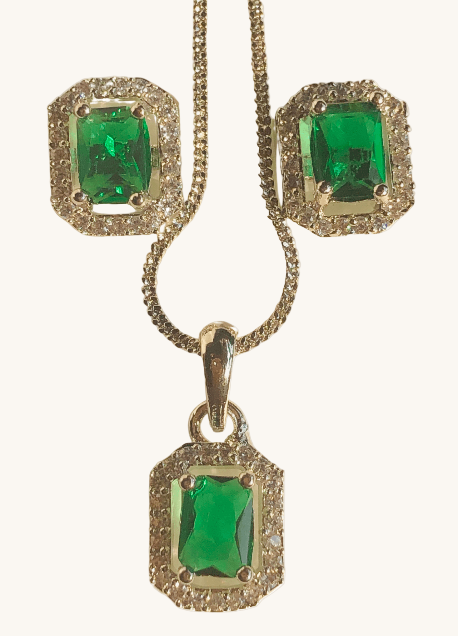 Green emerald and white AD rectangular pendant and earring set with gold chain