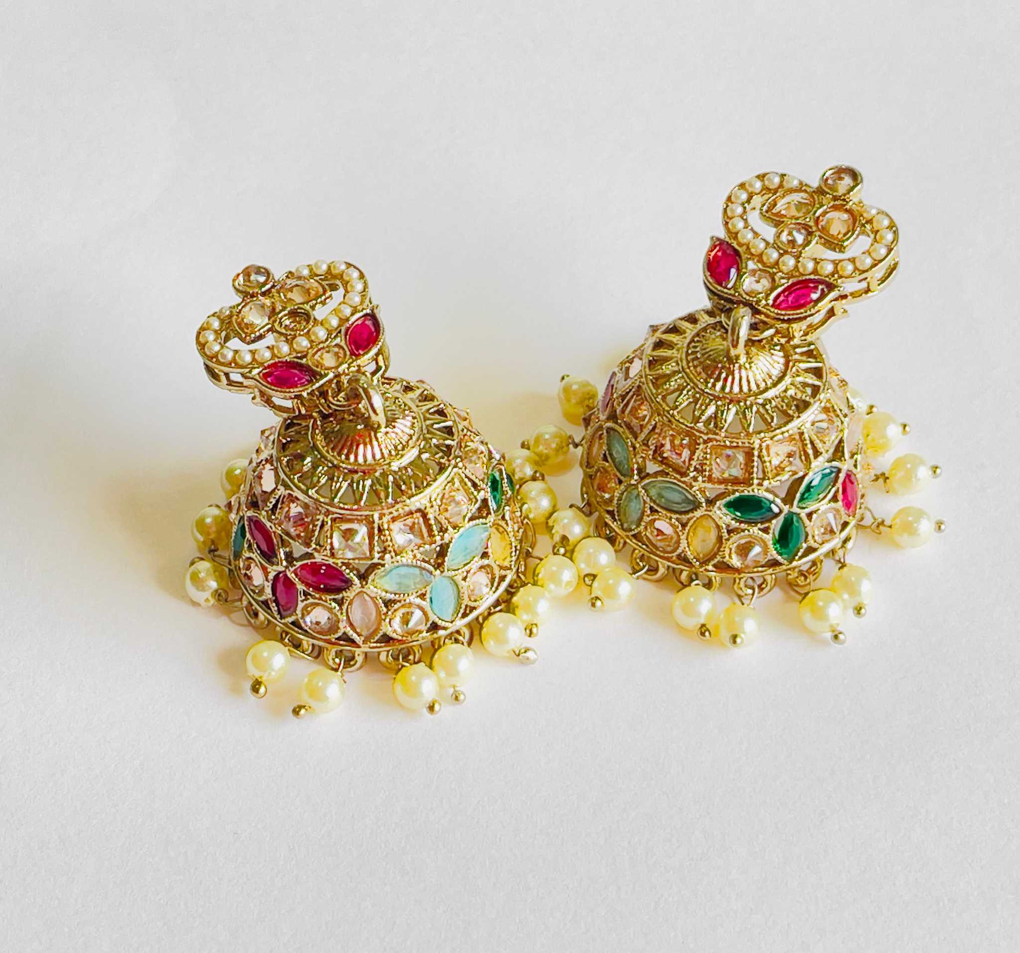 Rangeen Taj Jhumkas colorful enamel gold dome earrings with sparkling stones and pearl drops